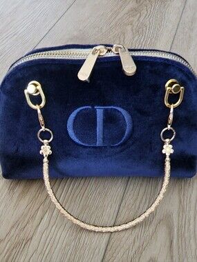 DIOR CD Logo Navy Blue Velvet Mini Clutch Mini Bag Pouch With Gold Handles New